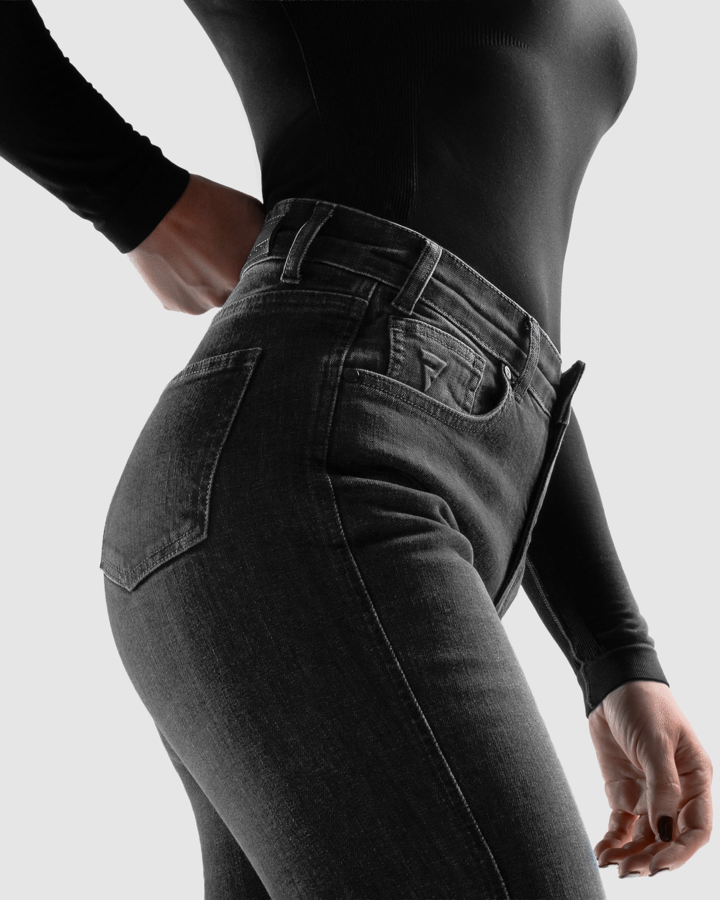 Classic Mono Motorradjeans Damen Schwarz Gewaschen