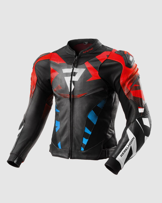 Inferno Leder-Motorradjacke Blau Rot